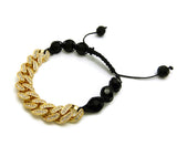 Hip Hop Rapper's Style 12mm Iced Out Cuban Link and 10mm Black Stone Bead Adjustable Knotted Bracelet, Gold-Tone, XB447G