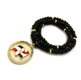 Stone Stud Dominican Republic Waving Flag Medal Pendant with 6mm 30" Wood Bead Color Disc Necklace, Black Wood/Gold-Tone