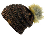 NYFASHION101 Soft Stretch Cable Knit Faux Fur Pom Pom Metal Color Beanie Hat