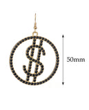 Women's Stone Stud Encircled Dollar Sign Money Symbol Dangle Pierced Earrings, Black/Gold-Tone