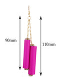 Women's Wood Cylinder Mini Stone Stud Ends Link Chain Dangle Pierced Earrings, Hot Pink