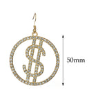 Women's Stone Stud Encircled Dollar Sign Money Symbol Dangle Pierced Earrings, Clear/Gold-Tone