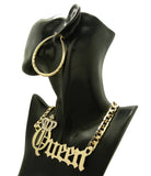 Stone Stud Crowned Queen Pendant Chain Necklace with Teardrop Hoop Earrings Jewelry Set