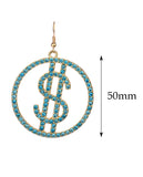 Women's Stone Stud Encircled Dollar Sign Money Symbol Dangle Pierced Earrings, Blue/Gold-Tone