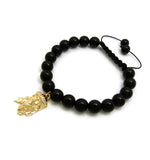 Stone Stud Realistic Jesus Face Charm with Adjustable 10mm Black Stone Bead Bracelet, Gold-Tone