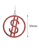 Women's Stone Stud Encircled Dollar Sign Money Symbol Dangle Pierced Earrings, Red/Silver-Tone