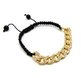 Hip Hop Rapper's Style 10mm Iced Out Cuban Link Chain Black Cord Adjustable Knotted Bracelet