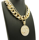 Hip Hop Rapper's Style Iced Out Cuban Chain & Stone Stud QC Pendant with Box Chain Necklace Set