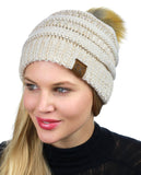 NYFASHION101 Soft Stretch Cable Knit Faux Fur Pom Pom Metal Color Beanie Hat