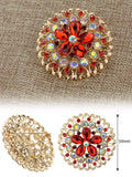 NYFASHION101 Elegant Formal Star Flower Rhinestone Studded Round Brooch Pin, Red/Gold-Tone