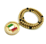 Stone Stud Waving Flag Medal Pendant with 6mm 30" CCB Bead Necklace in Gold-Tone, Italy