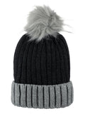 D&Y Rib Knit Beanie With Two Tone Cuff And Faux Fur Pom