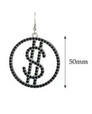 Women's Stone Stud Encircled Dollar Sign Money Symbol Dangle Pierced Earrings, Black/Silver-Tone