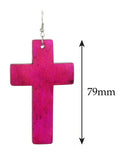 Women's Smooth Wooden Cross Dangle Pierced Earrings Set, Teal/Magenta/Purple