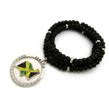 Stone Stud Jamaica Waving Flag Medal Pendant with 6mm 30" Wood Bead Color Disc Necklace, Black Wood/Silver-Tone