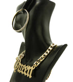 Stone Stud Crowned Queen Pendant Chain Necklace with Rhinestone Hoop Earrings Jewelry Set