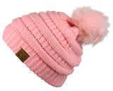 NYFASHION101 Soft Stretch Cable Knit Faux Fur Pom Pom Beanie Hat