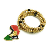 Pan Africa Continent Pendant with 6mm 30" CCB Bead Necklace, Gold-Tone/Power Fist on Pan Africa