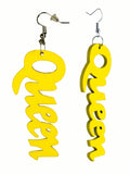 Women's Afrocentric African Text Wood Dangle Pierced Earrings, Queen
