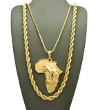 Roaring Lion on Africa Pendant w/ 2mm 24" Box Chain & 6mm 30" Rope Chain Necklace in Gold-Tone