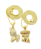 Stone Stud Jesus Face & Stone Stud Praying Hands Pendant Set w/ 2mm Box Chains in Gold-Tone