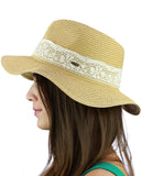 C.C Women's Paper Woven Panama Sun Beach Hat with Lace Trim, Natural