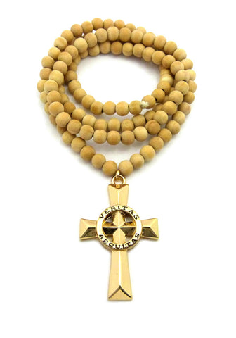 Veritas Aequitas Truth & Justice Cross Pendant w/ 8mm 36" Wood Bead Necklace