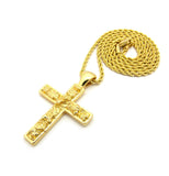 Polished Nugget Cross Pendant w/ 2mm 24" Rope Chain Necklace in Gold-Tone