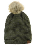 C.C Horizontal Knit Faux Fur Pom Back Drawstring Slouch Beanie Hat
