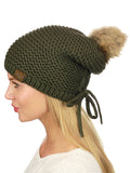 C.C Horizontal Knit Faux Fur Pom Back Drawstring Slouch Beanie Hat