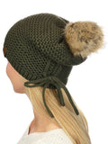 C.C Horizontal Knit Faux Fur Pom Back Drawstring Slouch Beanie Hat