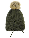 C.C Horizontal Knit Faux Fur Pom Back Drawstring Slouch Beanie Hat