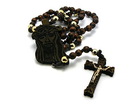 Jesus Face and Crucifix Cross Pendant Wood Two-Tone Bead Rosary Necklace in Brown/Gold-Tone