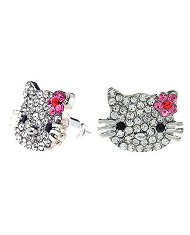 Small Pave Kitty Cat Rhinestone Stud Earrings in Silver-Tone