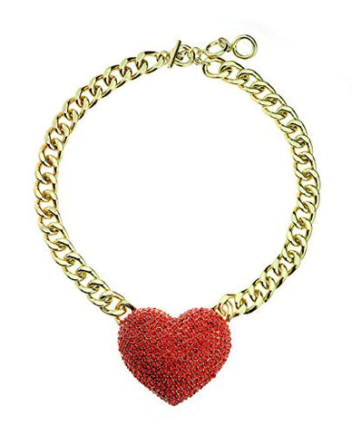 Red Rhinestone Studded Hollow Heart Pendant 15mm 18" Link Chain Necklace in Gold-Tone