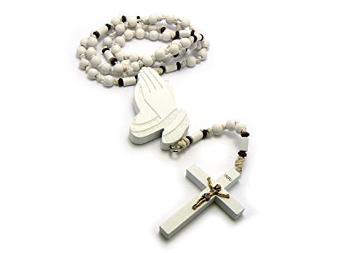 Praying Hands and Crucifix Cross Pendant Wood Rosary Necklace in White-Tone