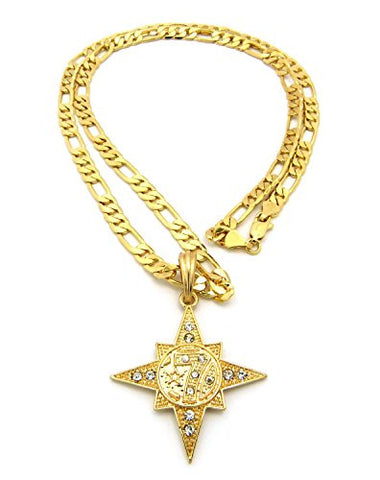 Stone Studded 5 Percenter Star Pendant with 24" Figaro Chain Necklace in Gold-Tone XSP410G