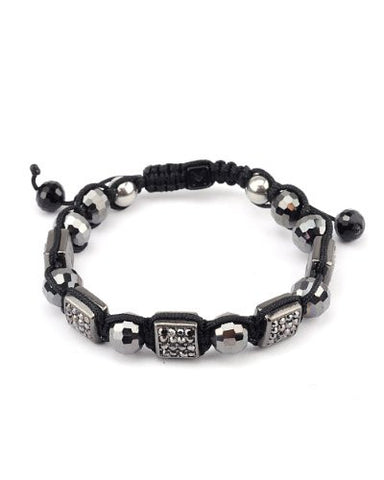 Grey Tone Paved Square Charm w/ Faux Glass Beads Shamballa Bracelet XHB88HE