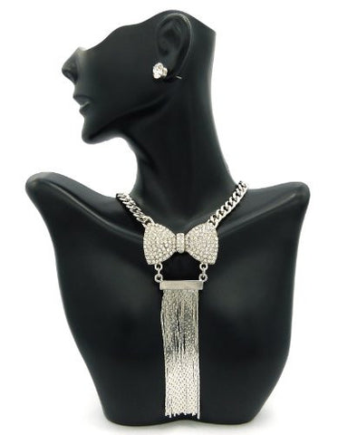 Rhinestone Bow Charm Chain Dangle Silver Tone Necklace w/ Earrings JS7000RDCLR