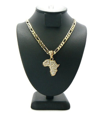 Rhinestone Africa Micro Pendant w/ 5mm 24" Figaro Chain in Gold Tone MSP094G