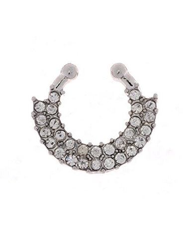 Two Tier Stone Stud Non-Pierced Septum Hanger Nose Hoop Ring in Silver-Tone