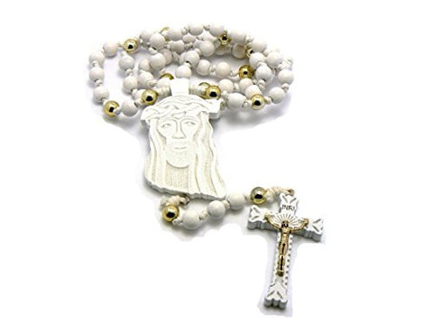 Jesus Face and Crucifix Cross Pendant Wood Two-Tone Bead Rosary Necklace in White/Gold-Tone