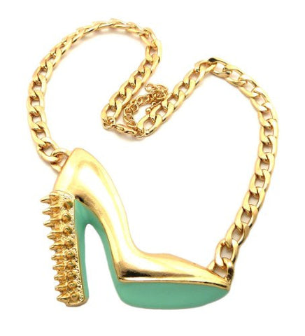 Studded High Heel Necklace with 9mm 16" + Extension Chain in Mint/Gold-Tone