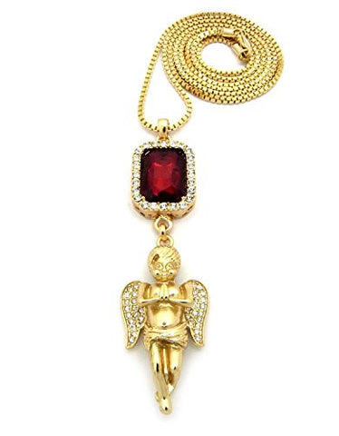Faux Ruby Stone with Pave Prayer Angel Pendant 2mm 30" Box Chain Necklace in Gold-Tone