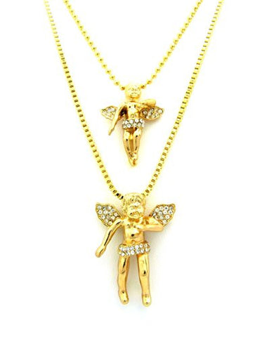 Paved Cherub Angel Micro Pendants Varying Chain Necklace Set - Gold Tone RC327G