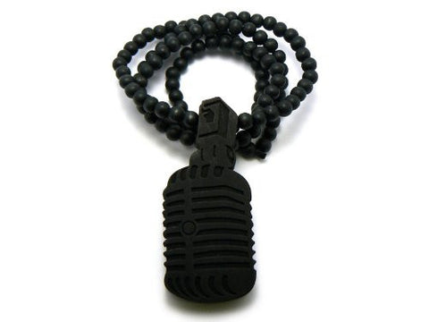 Vintage Microphone Wood Pendant 36" Wooden Bead Chain Necklace in Black-Tone WJ120BK