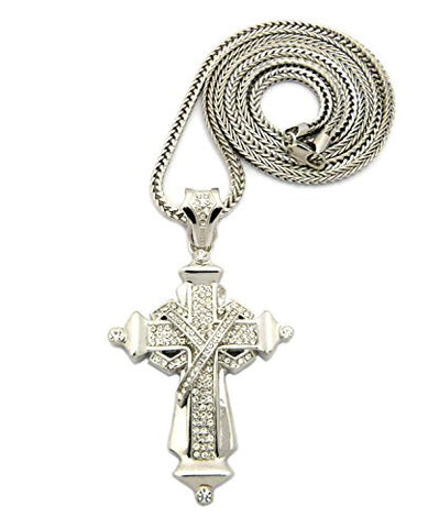 Pave Cross Necklace with 4mm 36" Franco Chain - Silver Tone MLP039R