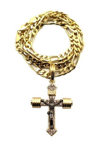 Gold Tone Crucifixion Cross 5mm 24" Figaro Chain Necklace MSP331G