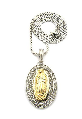 Pave Two-Tone St. Mary Oval Medal Necklace with 2mm 24" Box Chain