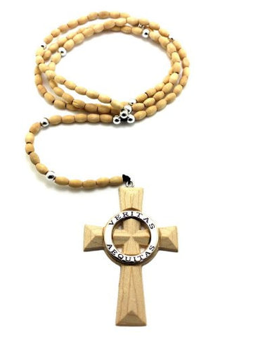 Natural Tone Wooden Veritas Aequitas Cross Pendant w/ 39" Rosary Necklace